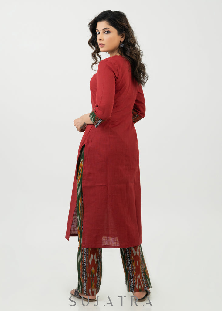 Trendy Maroon Cotton Ikat Combination Kurta - Ikat Pant Optional