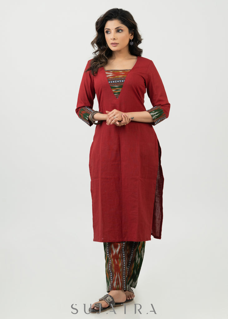 Trendy Maroon Cotton Ikat Combination Kurta - Ikat Pant Optional