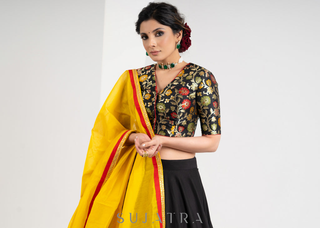 Elegant Black Cotton silk lehenga with brocade blouse & Contract dupatta with delicate Embroidery