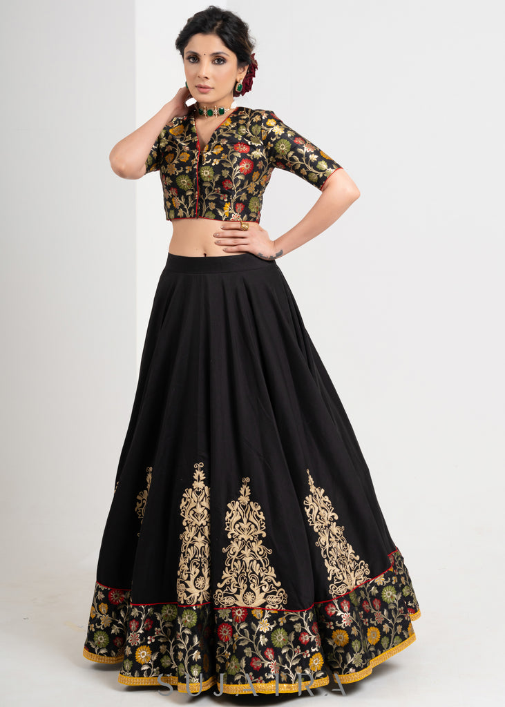 Elegant Black Cotton silk lehenga with brocade blouse & Contract dupatta with delicate Embroidery