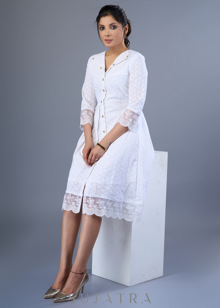 Elegant White Hakoba Pleated Dress