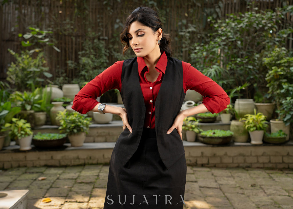 Classic black cotton formal waistcoat with optional skirt