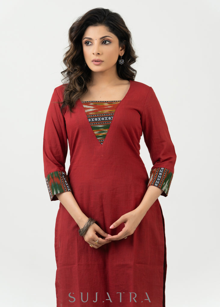 Trendy Maroon Cotton Ikat Combination Kurta - Ikat Pant Optional