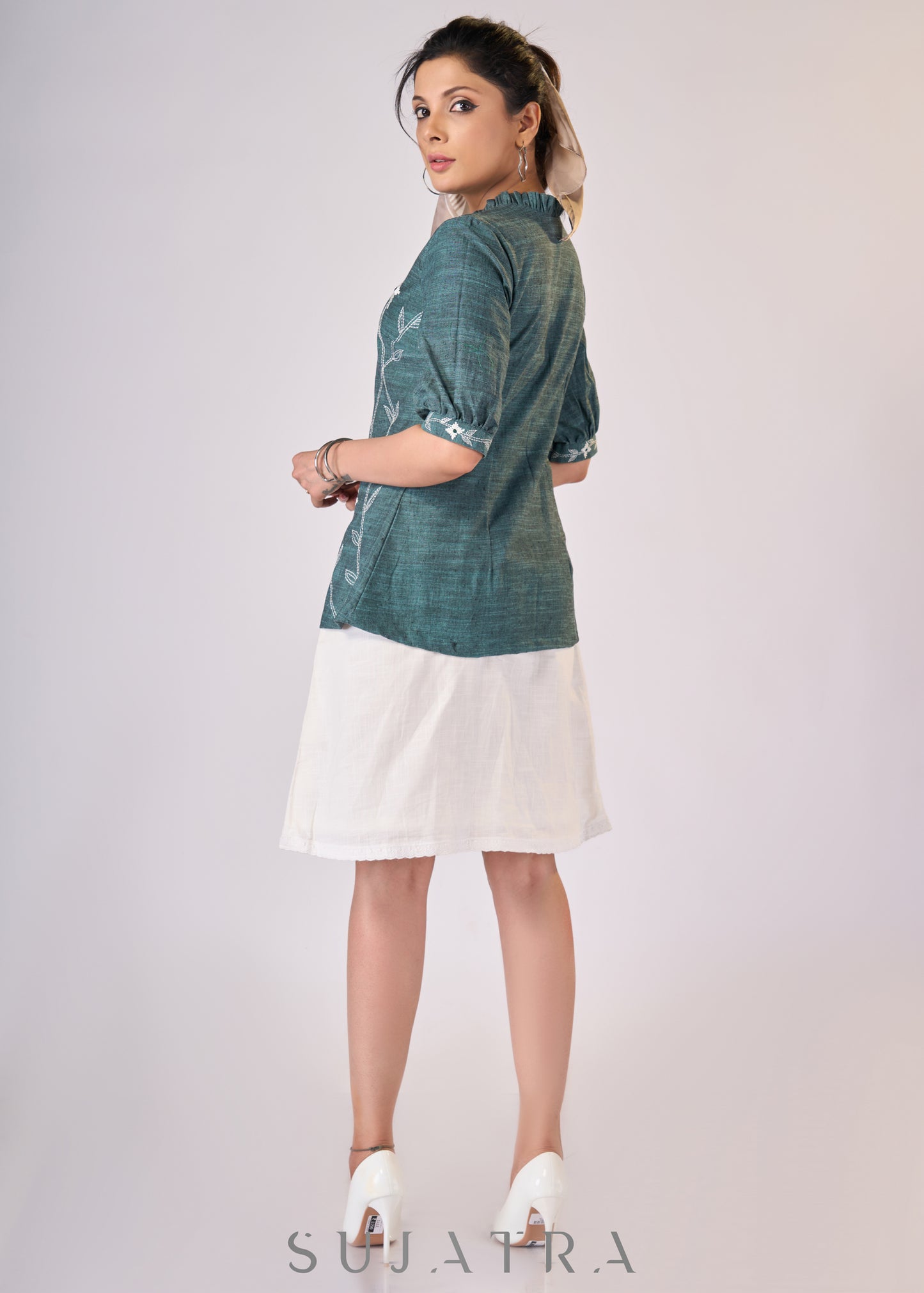 Teal green cotton top with embroidery all over - Skirt Optional