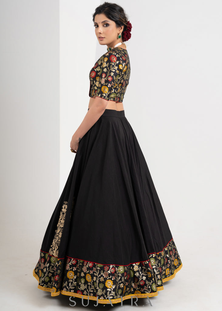 Elegant Black Cotton silk lehenga with brocade blouse & Contract dupatta with delicate Embroidery