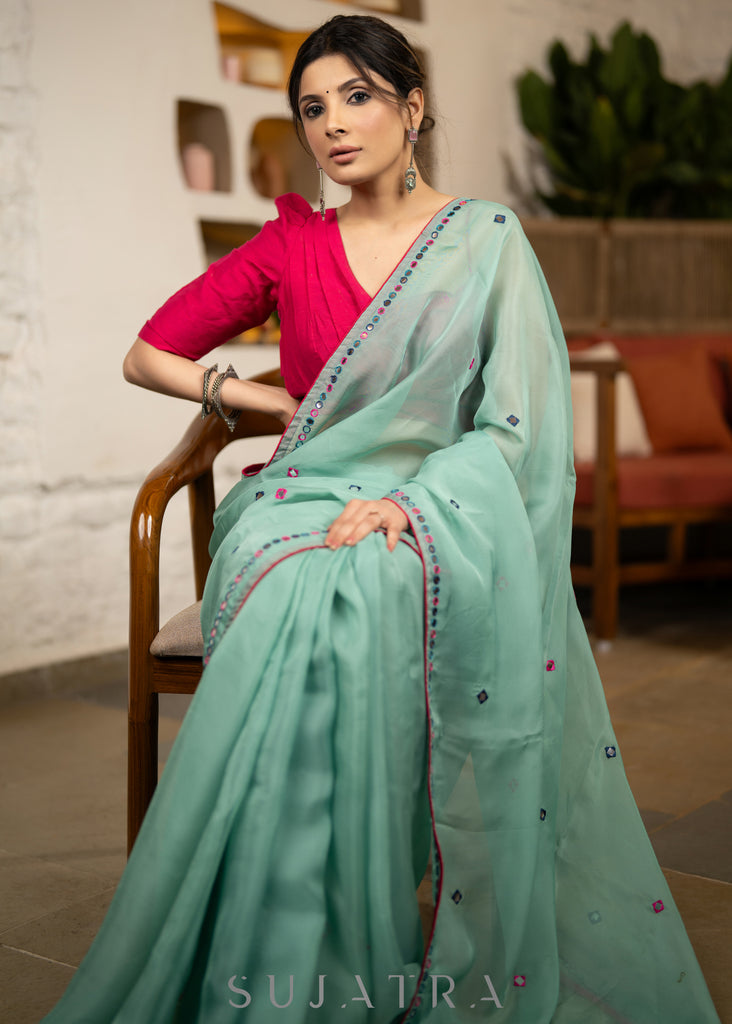 Designer Mint Green Organza Saree Highlighted With Overall Multicolour Mirror Embroidery