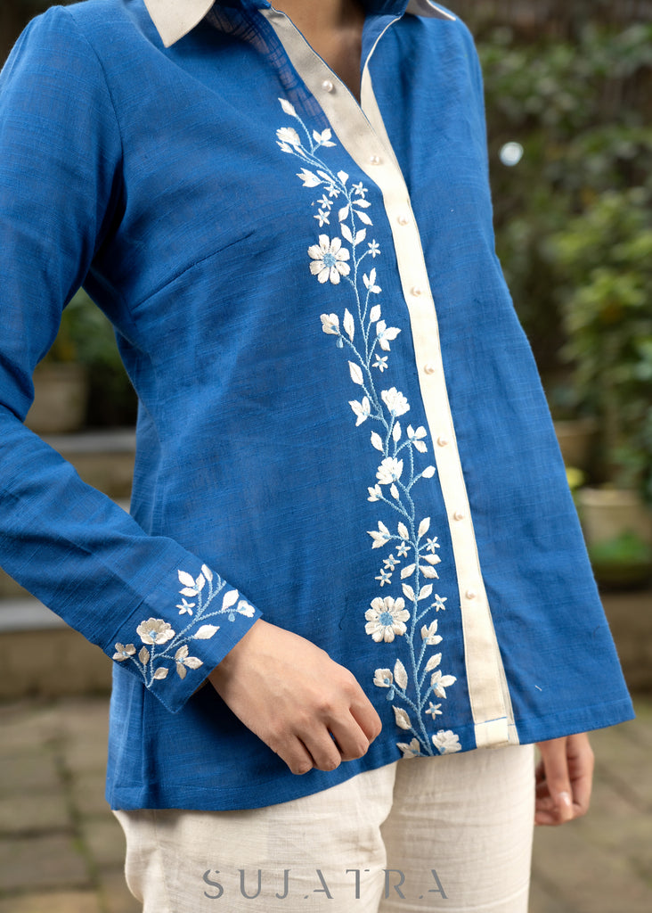 Elegant Royal Blue Cotton Shirtwith Beautiful Floral Embroidery