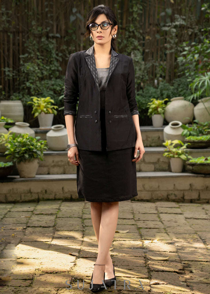 Exclusive black cotton silk formal blazer with ikat combination and optional cotton skirt