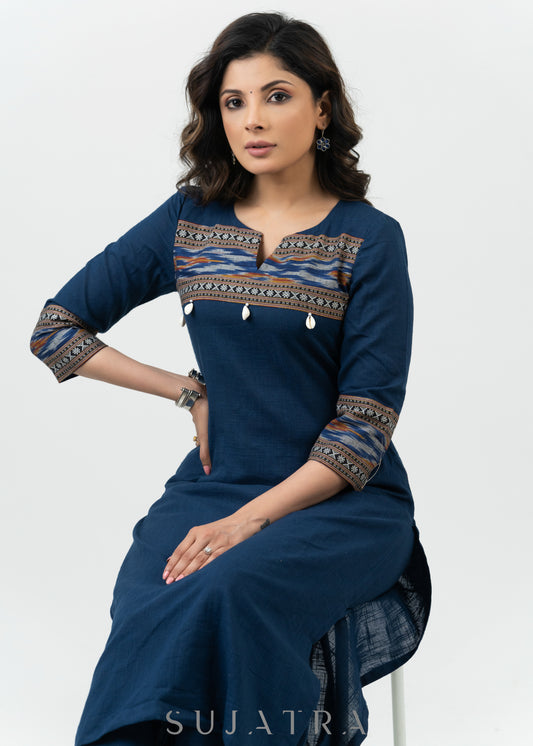 Stylish Navy Blue Cotton Ikat Combination Kurta - Pant Optional
