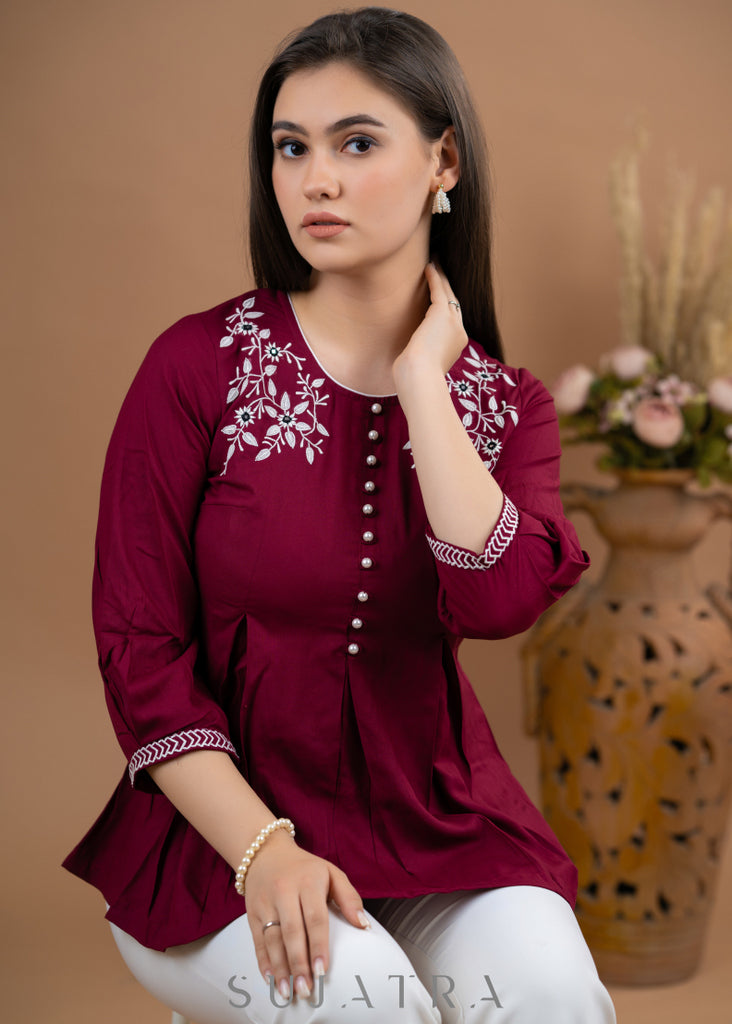 Embroidered Maroon Rayon pleated top