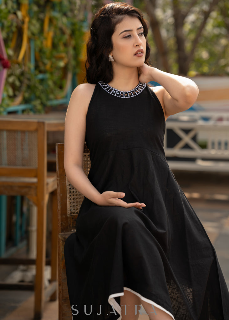 Elegant black cotton halter neck dress with embroidered neckline