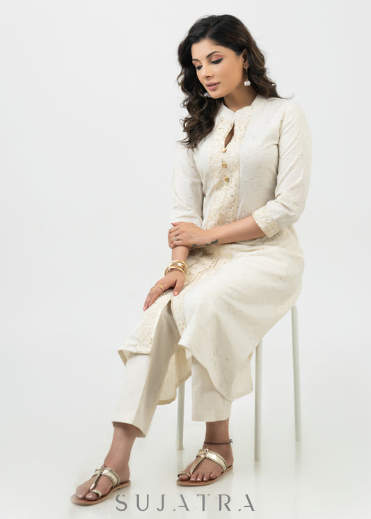 Beautiful Off White Cotton Kurta With Laces - Pant Optional