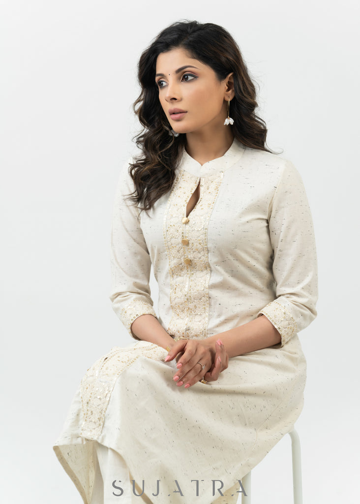 Beautiful Off White Cotton Kurta With Laces - Pant Optional