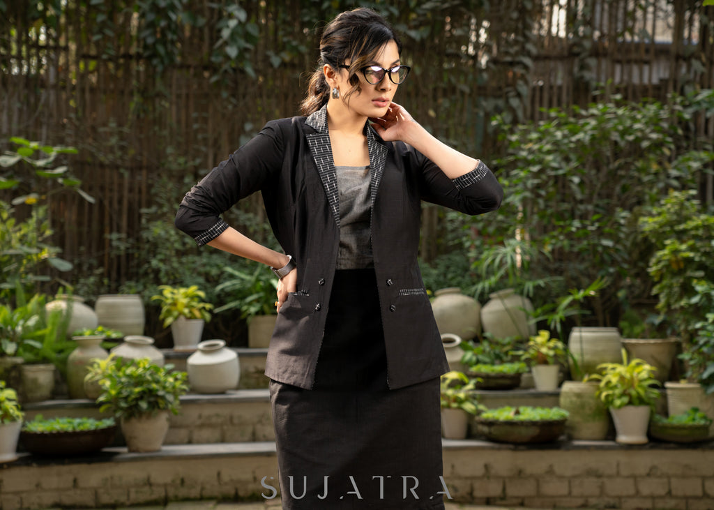Exclusive black cotton silk formal blazer with ikat combination and optional cotton skirt
