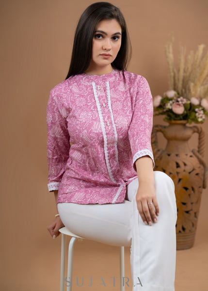 Pink Rayon printed top with laces