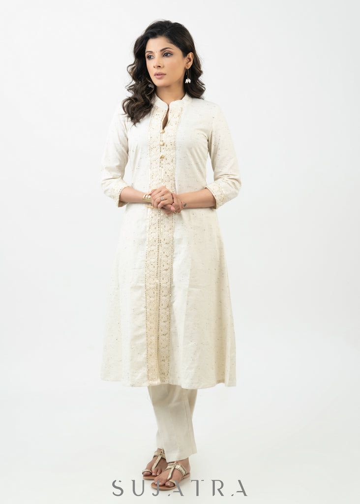 Beautiful Off White Cotton Kurta With Laces - Pant Optional