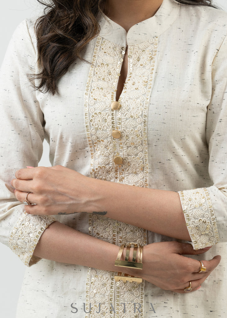 Beautiful Off White Cotton Kurta With Laces - Pant Optional