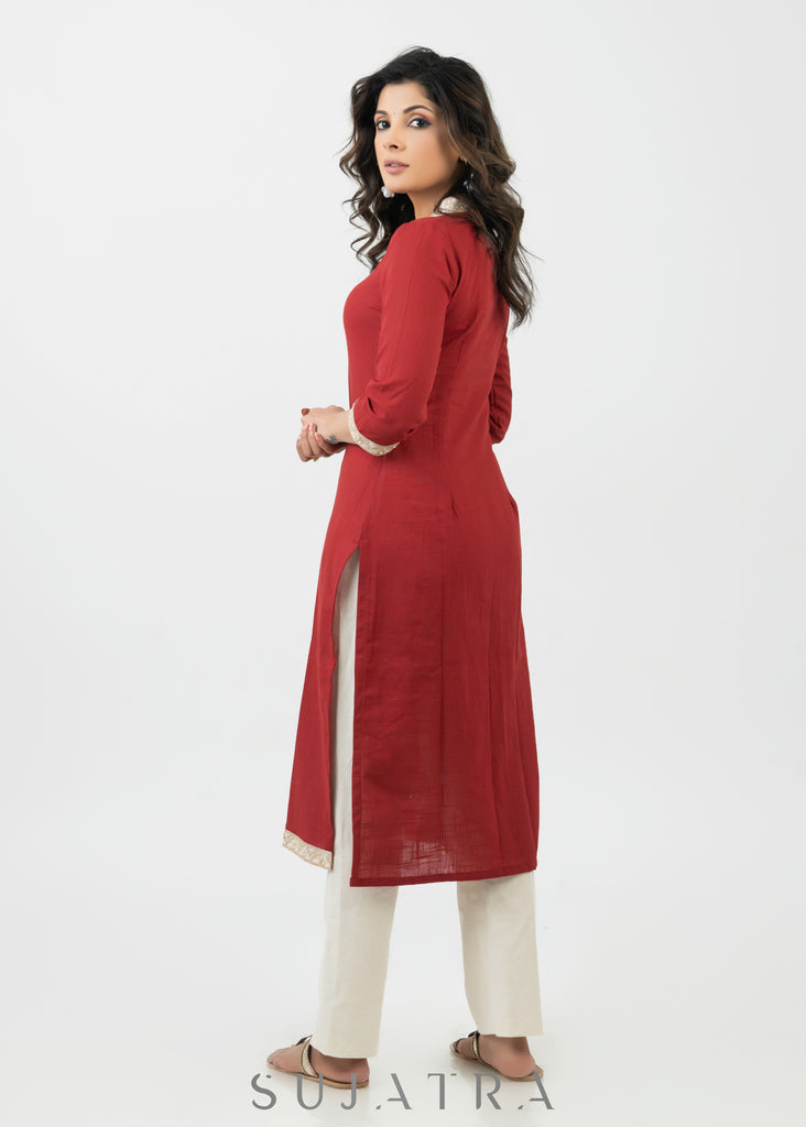 Smart Maroon Cotton Kurta With Lace Details - Pant Optional