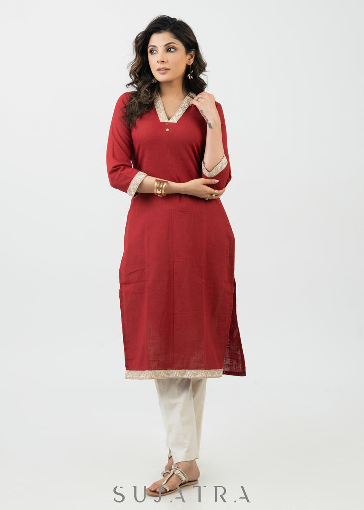 Smart Maroon Cotton Kurta With Lace Details - Pant Optional