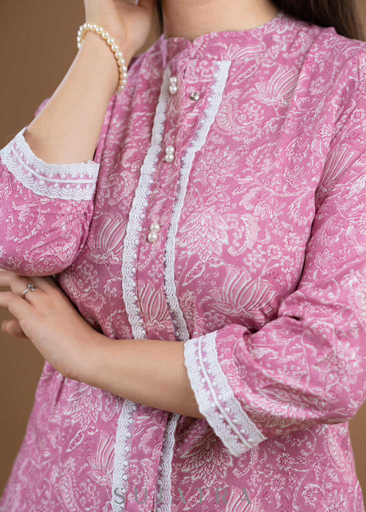 Pink Rayon printed top with laces