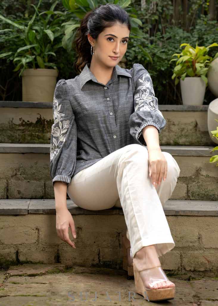 Sassy Grey Textured Cotton Shirt Highlighted with Beautiful Floral Embroidery on Sleeves and Collar