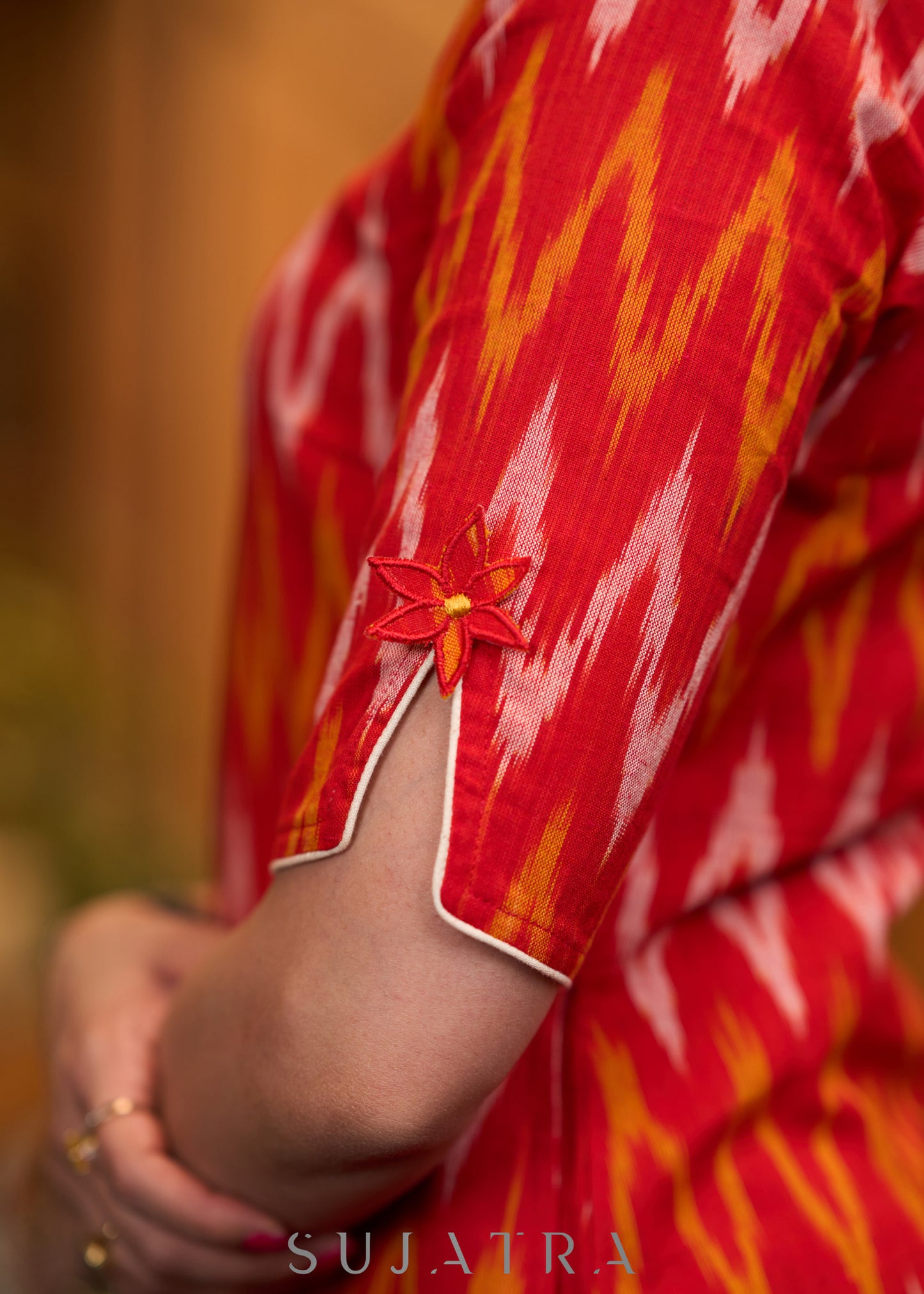Elegant orange ikat kurta with patchwork buttons & palazzo - Stole optional