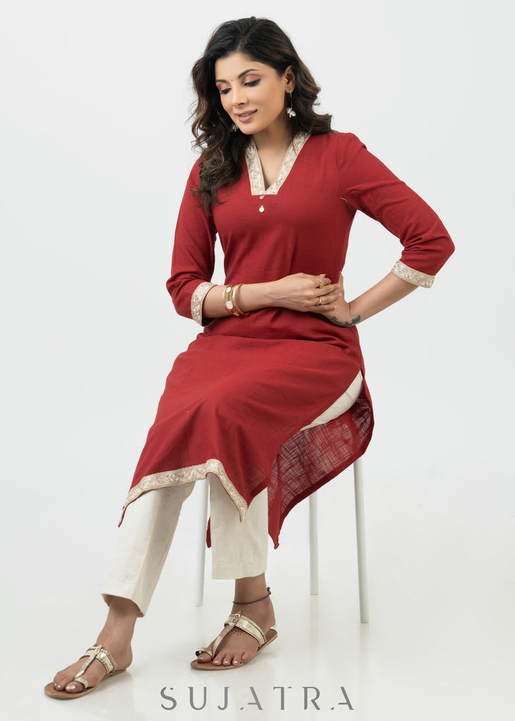 Smart Maroon Cotton Kurta With Lace Details - Pant Optional