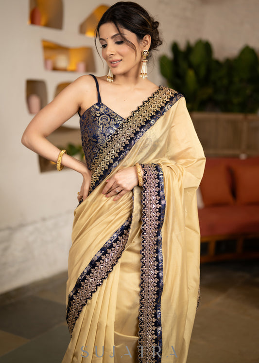 Beautiful Golden Chanderi Saree Highlighted With Contrast Lace And Matching Banarasi
