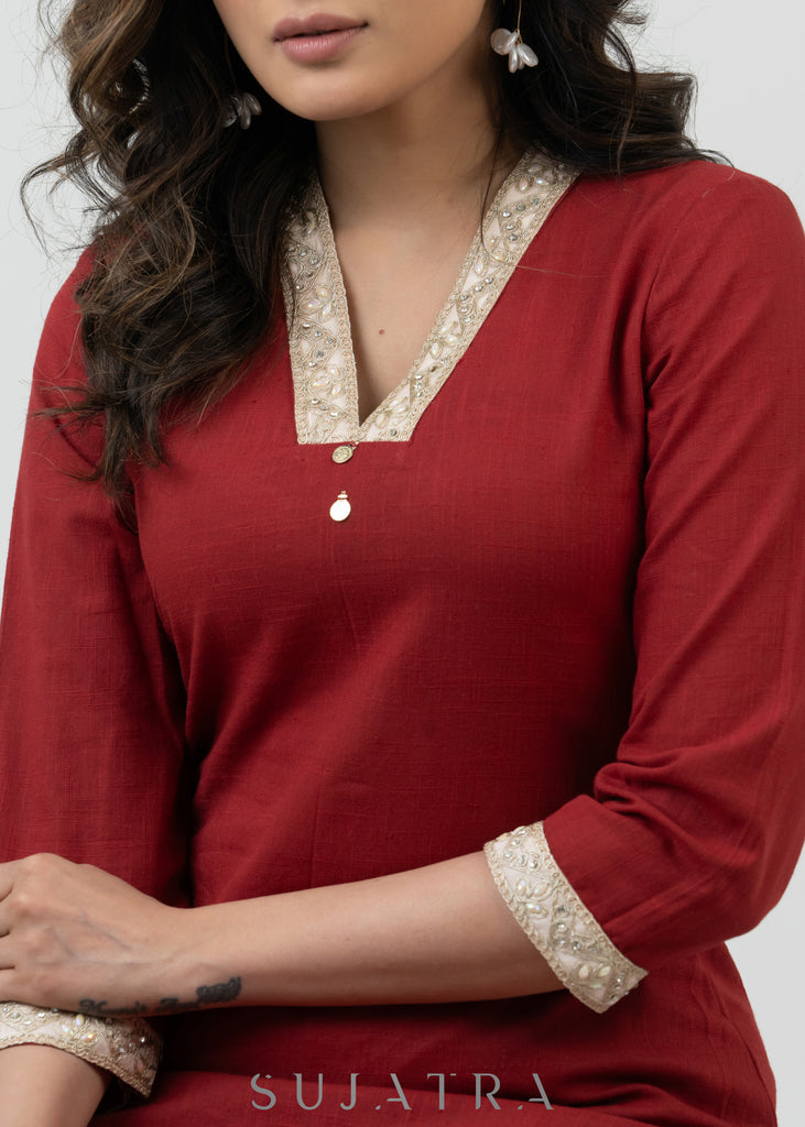 Smart Maroon Cotton Kurta With Lace Details - Pant Optional