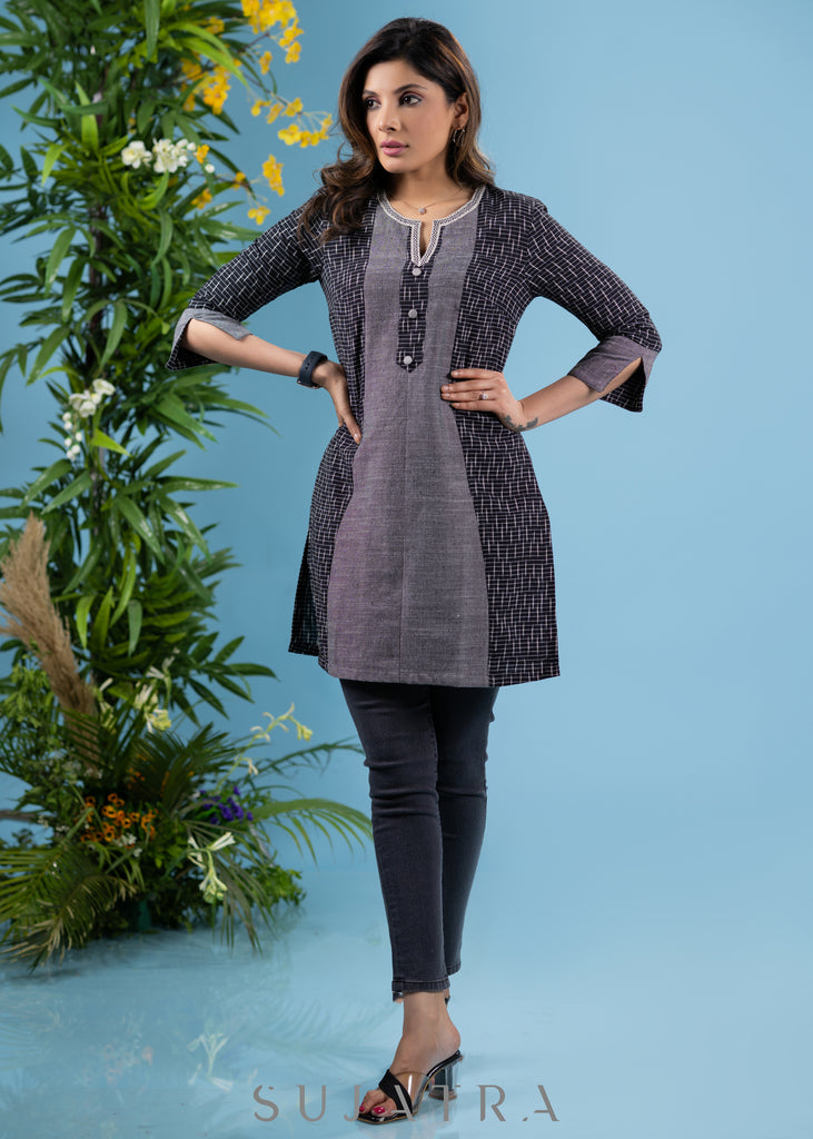 Trendy black ikat cotton tunic with grey combination