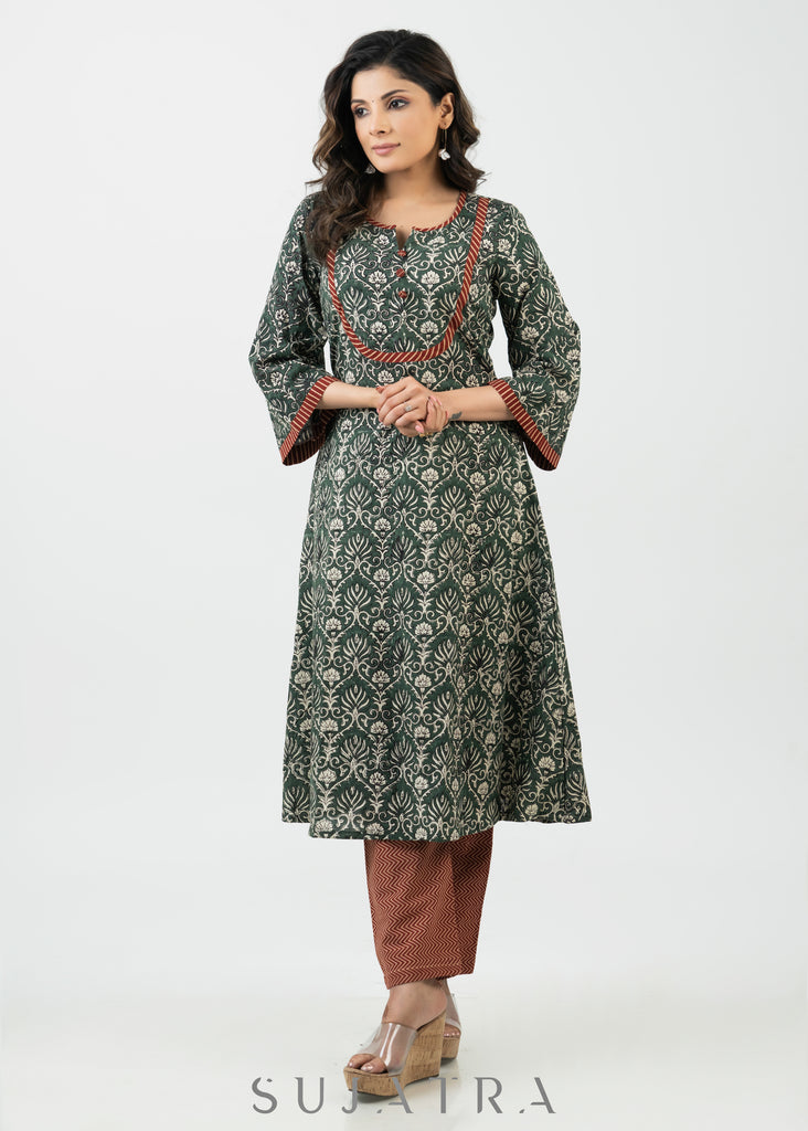 Stylish Green Block Printed Cotton Kurta - Pant Optional