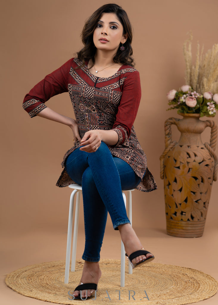 Stylish Maroon Ajrakh cotton combination top