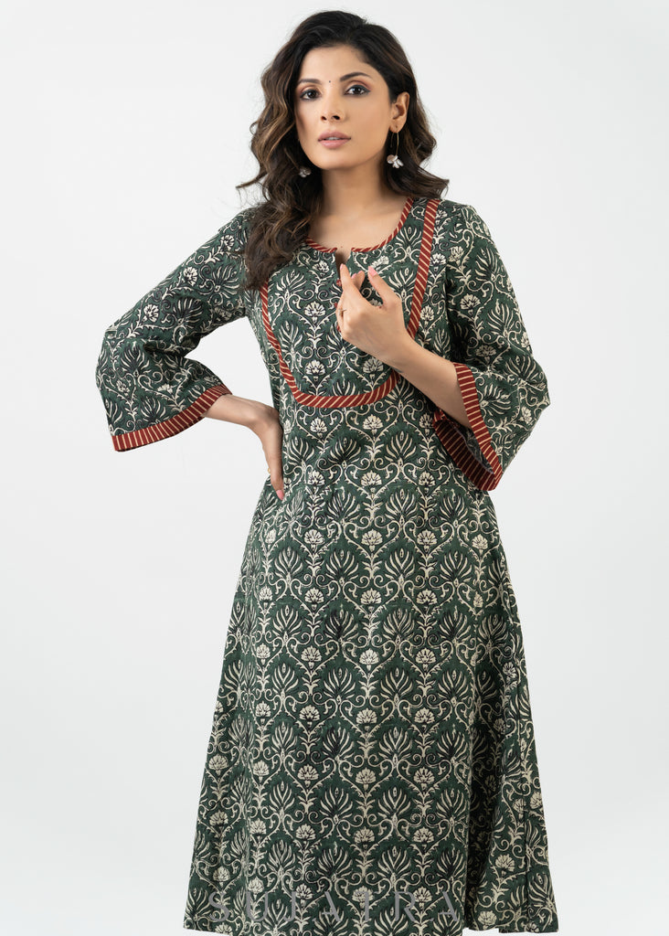 Stylish Green Block Printed Cotton Kurta - Pant Optional
