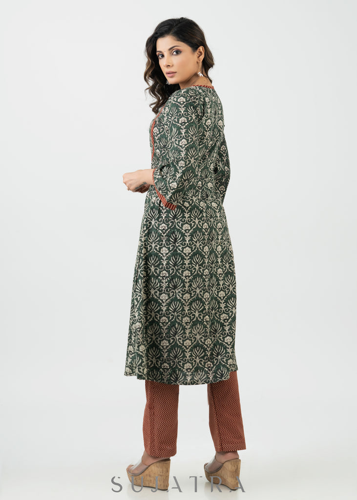 Stylish Green Block Printed Cotton Kurta - Pant Optional