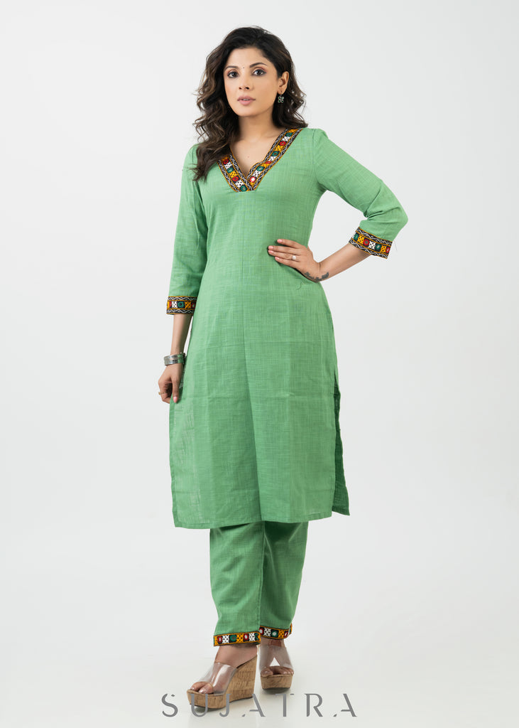 Breezy Pista Cotton Kutch Mirrorwork Work Kurta - Pant Optional