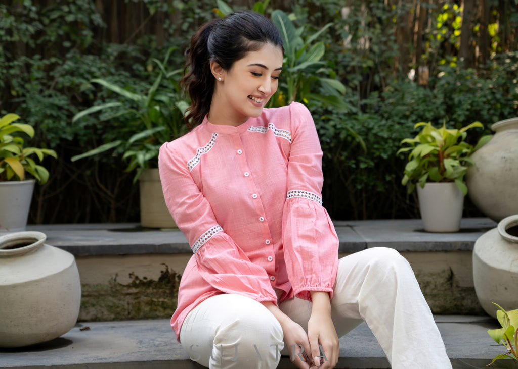 Sweet Pink Cotton Shirtwith Mandarin Collar Highlightedwith Beautiful Lace