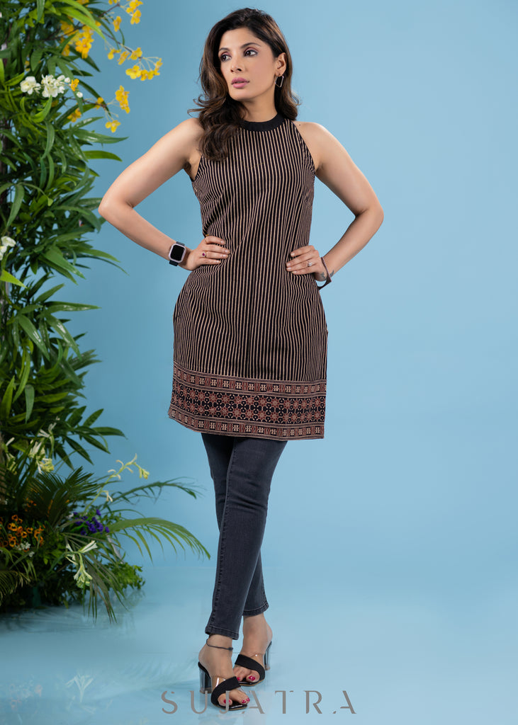 Classy black striped ajrakh sleeveless tunic