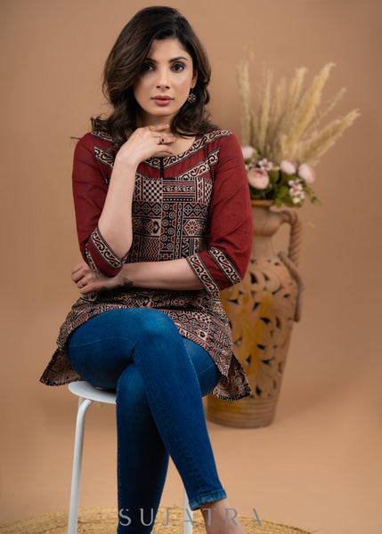 Stylish Maroon Ajrakh cotton combination top