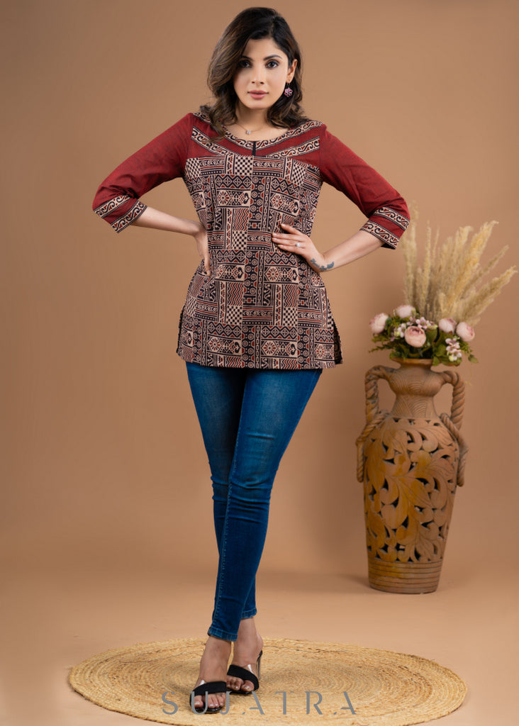 Stylish Maroon Ajrakh cotton combination top