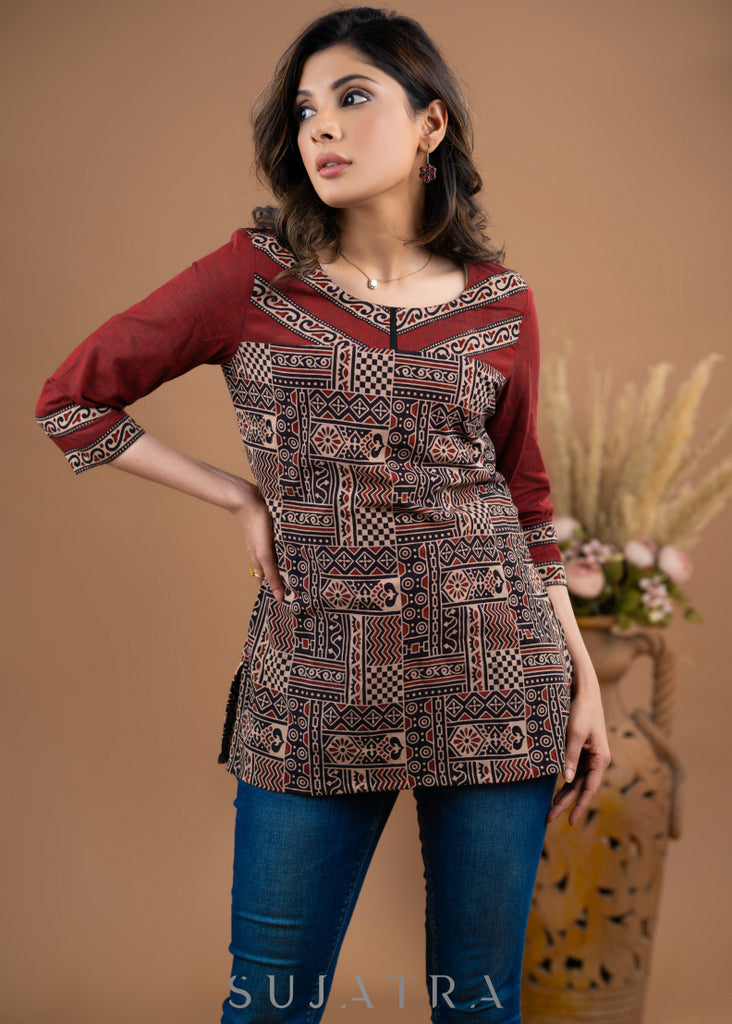 Stylish Maroon Ajrakh cotton combination top