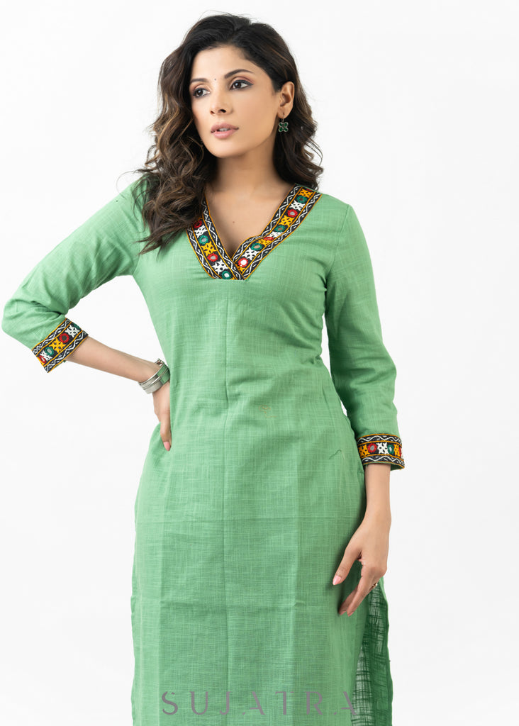 Breezy Pista Cotton Kutch Mirrorwork Work Kurta - Pant Optional