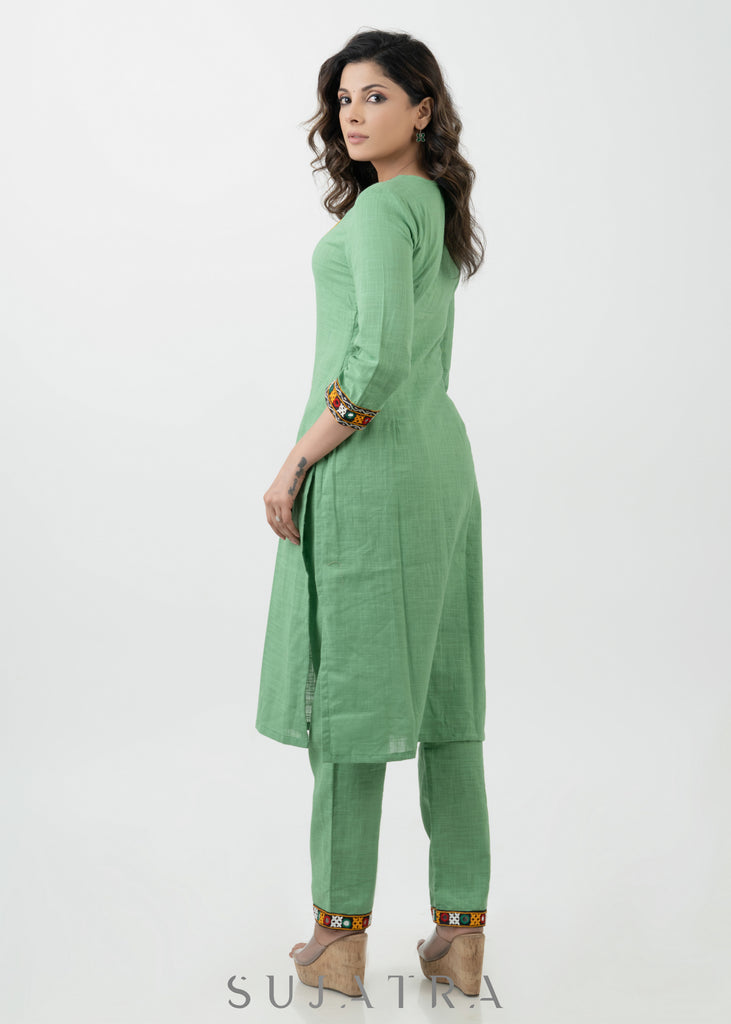 Breezy Pista Cotton Kutch Mirrorwork Work Kurta - Pant Optional