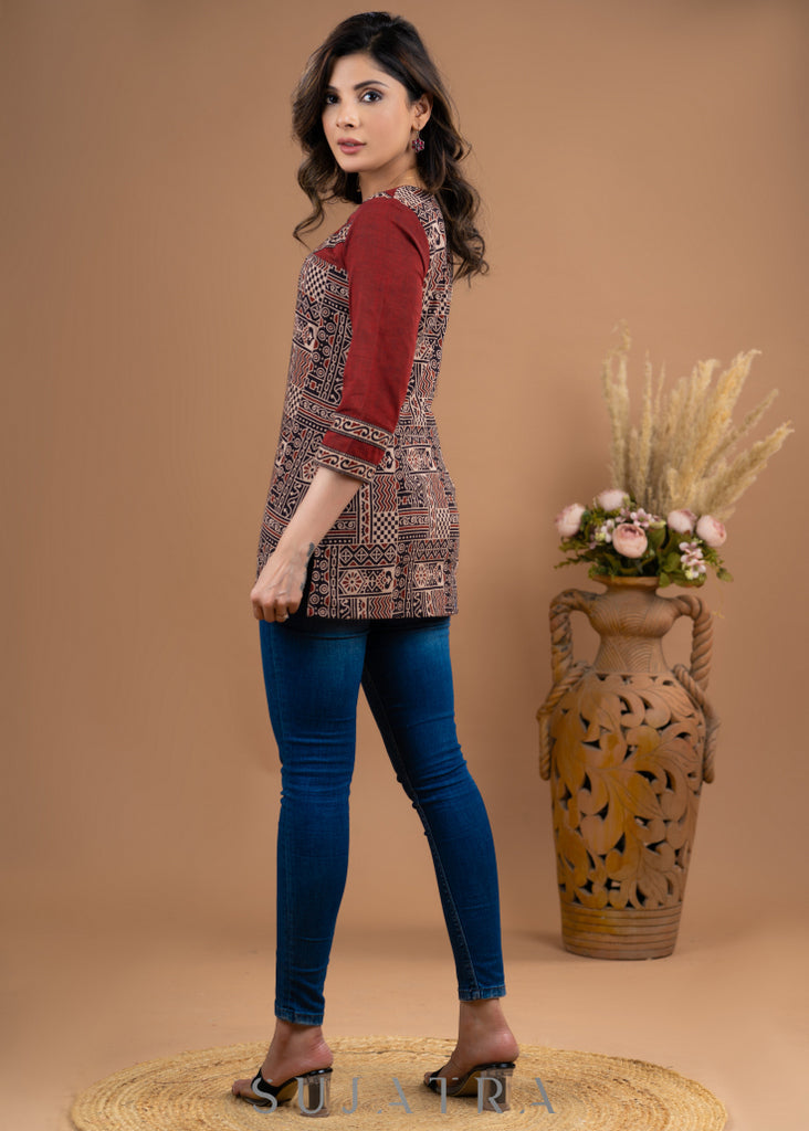 Stylish Maroon Ajrakh cotton combination top