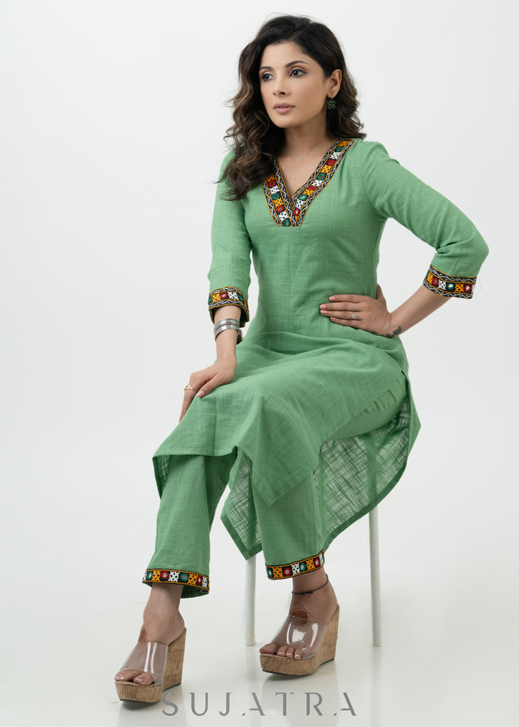 Breezy Pista Cotton Kutch Mirrorwork Work Kurta - Pant Optional
