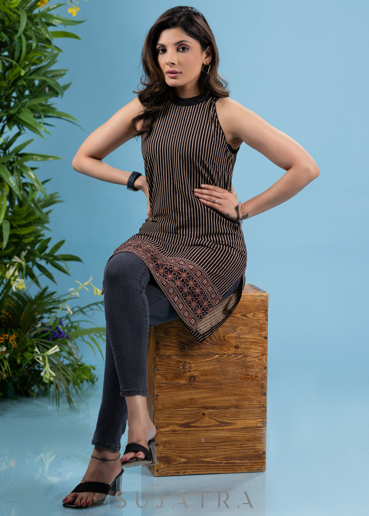 Classy black striped ajrakh sleeveless tunic