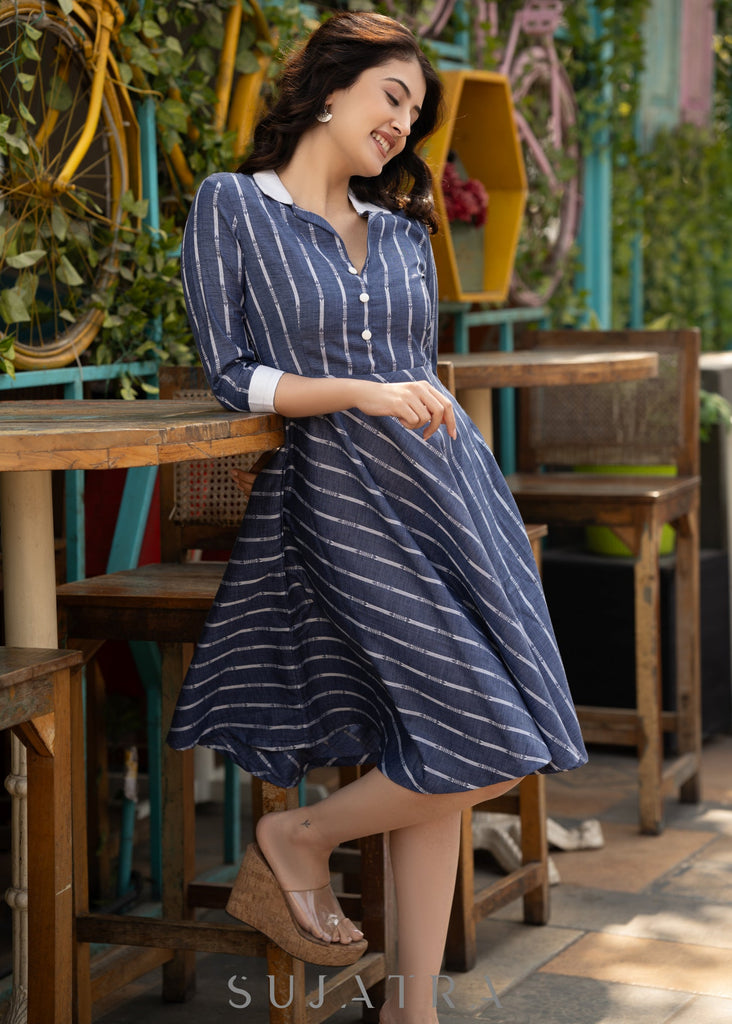 Blue striped dress with white collar & cuffs