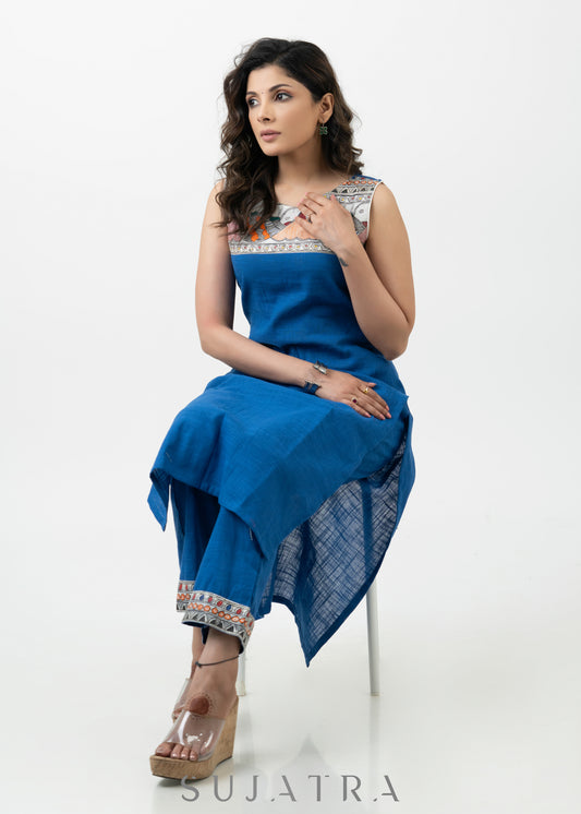 Smart Blue Cotton Madhubani Hand Painted Kurta - Pant Optional
