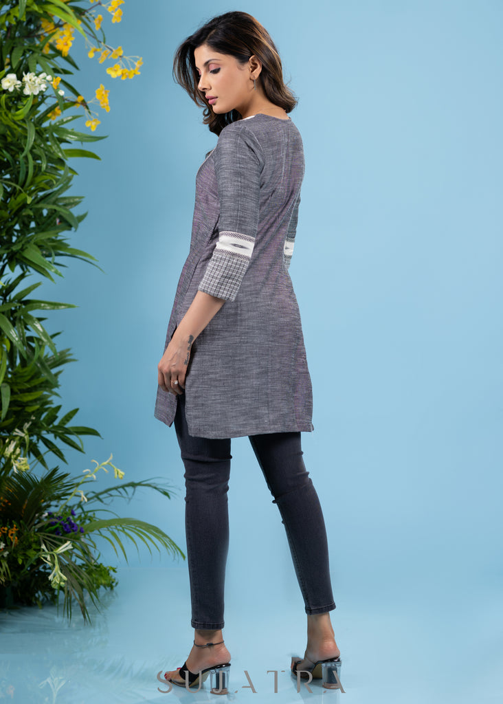 Exclusive grey cotton tunic with ikat combination