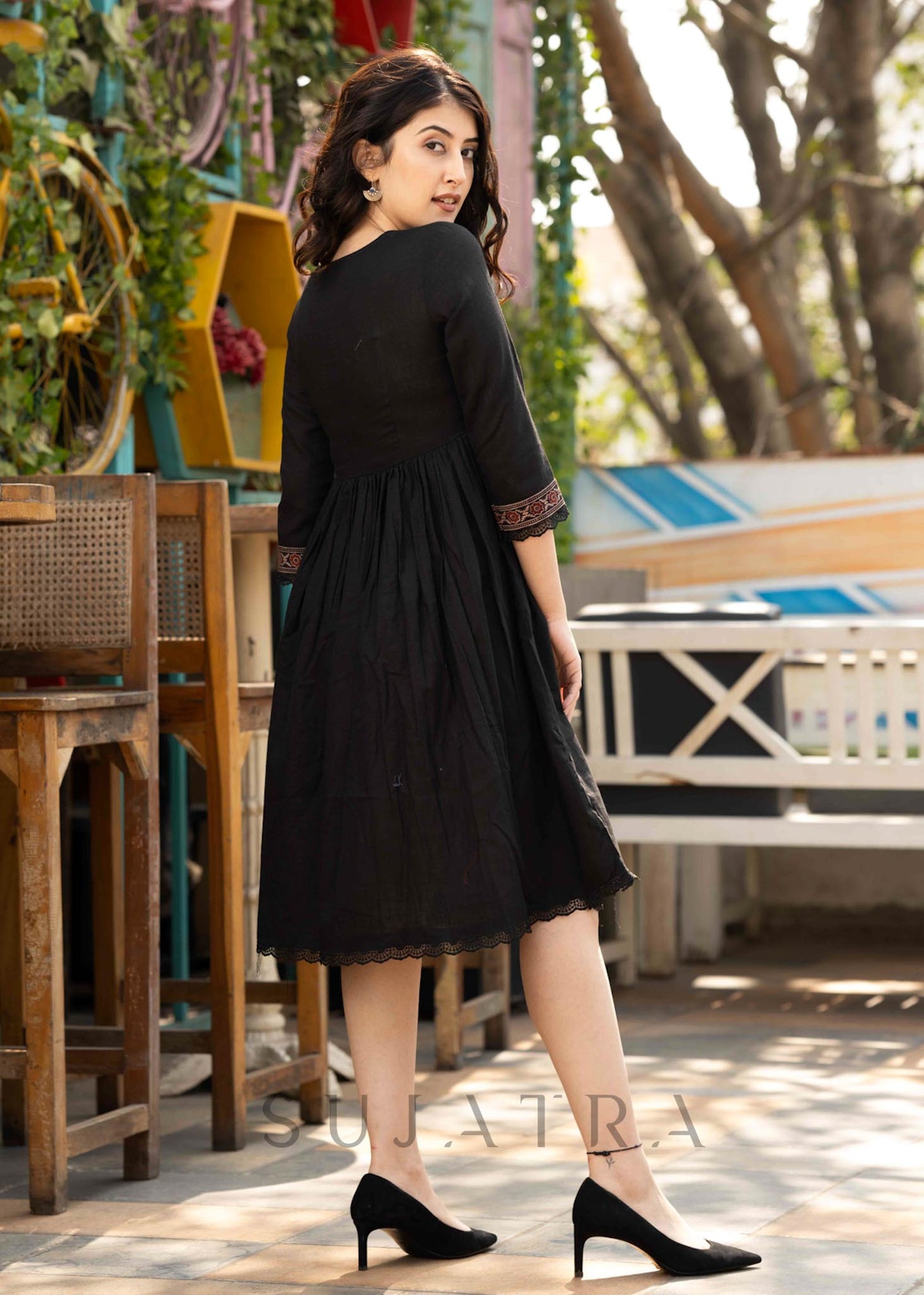 Black cotton dress with Ajrakh border in neckline & sleeves