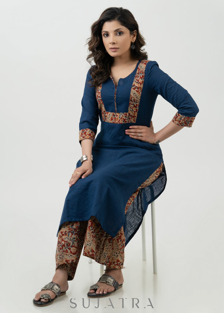 Exclusive Navy Blue Cotton Kalamkari Kurta - Palazzo Optional